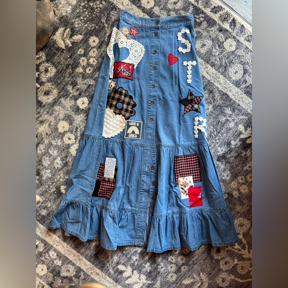 Spell Blue Patchwork Maxi Skirt - image 1